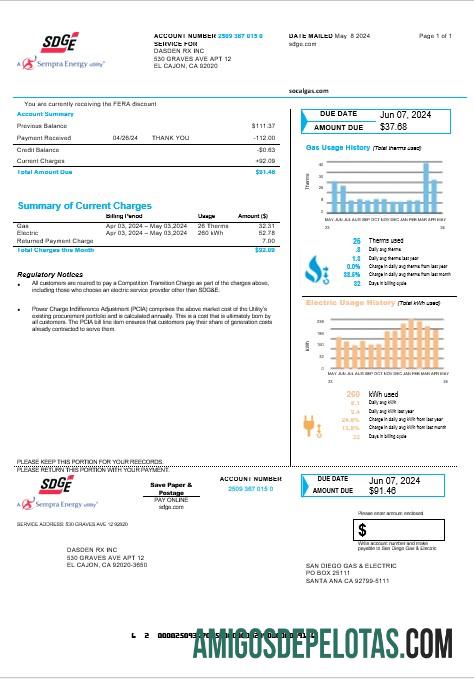 imprimível Modelo de conta de serviços públicos de gás e eletricidade (SDG&E) dos EUA, Califórnia, San Diego em formatos Word e PDF